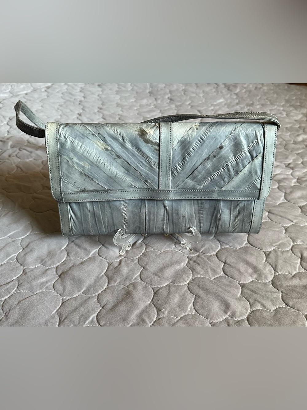 Vintage Eel Skin Blue Gray Leather Wristlet Clutch Wallet